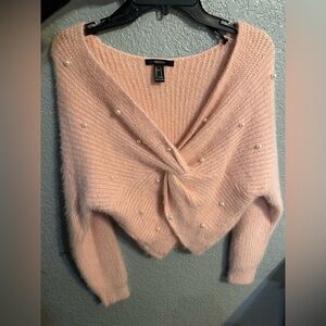 Forever 21 Blush V-Neck Sweater with Pearl Details
